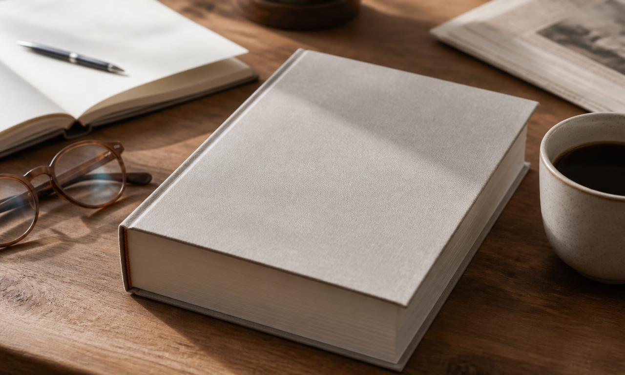 Gebundenes Fachhandbuch auf einem Holzschreibtisch neben Brille, Notizbuch und Kaffeetasse