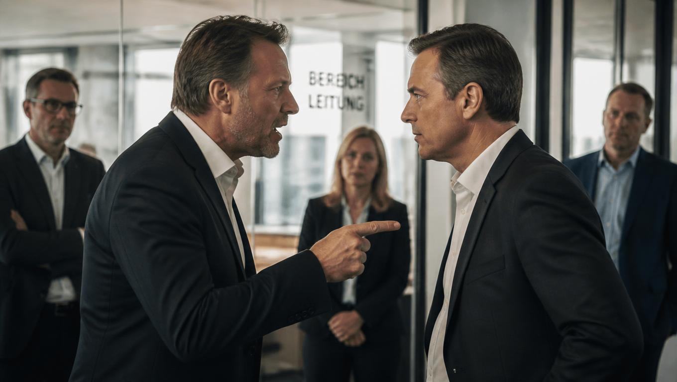 Zwei Führungskräfte im dunklen Anzug diskutieren angespannt in einem verglasten Büro, Kollegen beobachten die Szene